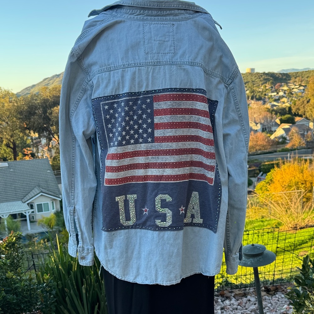 Vintage frayed Malibu bedazzled USA Flag Denim Button Down Shirt